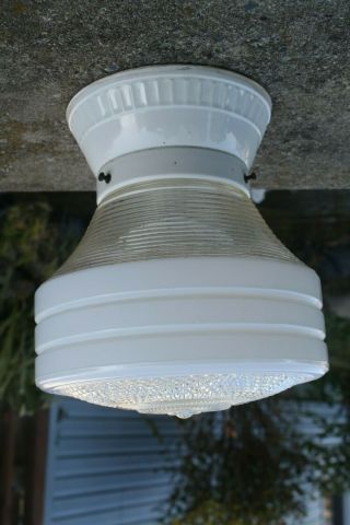 Vintage Porcelier Porcelain Ceiling Light Fixture With Mid Century Glass Shade