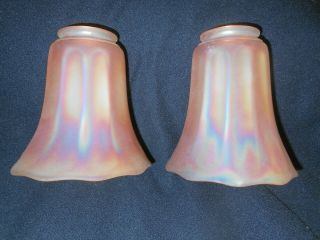 Antique Pair Signed Nuart Marigold Carnival Art Glass Lamp Shades 2 - 1/4 " Fitter