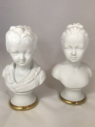 Pair Vintage Lefton Bisque Porcelain Boy & Girl Bust Statue 3902