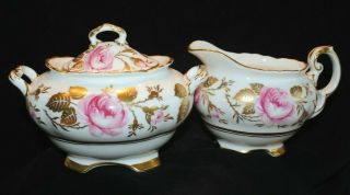 Vtg 1850 Eb Foley England Bone China Sugar Bowl Creamer Pink Roses Gold Leaves