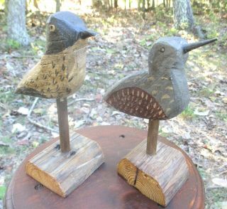 Vintage Folk Art Hand Carved & Painted Wood Birds Ca.  1980 Signed Virginia Artist