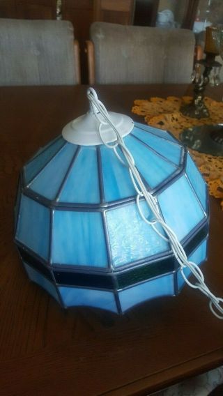 Vtg Blue & Green Stained Glass Hanging Swag Lamp Plugs In W/in - Line Switch