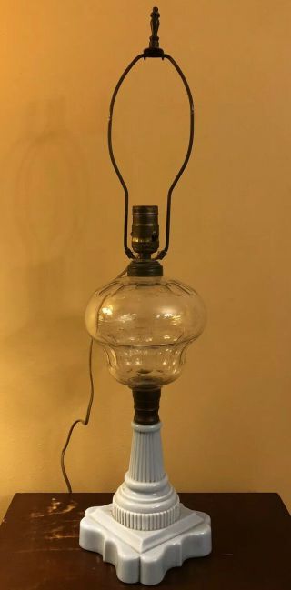 Antique Oil Lamp With Milk Glass Base,  Baby Blue,  Converted To Electric Lamp