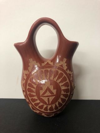 Jemez Pottery Wedding Vase - Signed M.  Chinana - Pueblo Indian 7”