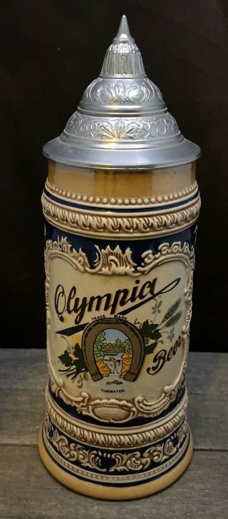 Vtg.  Gerz W.  Germany Beer Stein Pewter Lid Olympia Beer 10 1/2 "