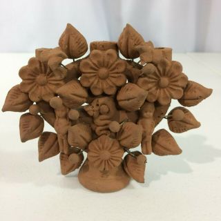 Vintage Mexican Tree Of Life Terra Cotta Candle Holder Candelabra Rustic