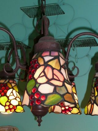 Vintage Set Of 5 Tiffany Style Stained Glass Light Fixture Shades Birds Fruits