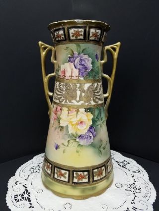 Antique Hand Painted Yellow Pink And Purpl Floral Motif Vase With Handles