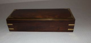 Vintage Hand Carved Mahogany Jewelry W/ Brass Inlays - 12 " L Secret Compartment