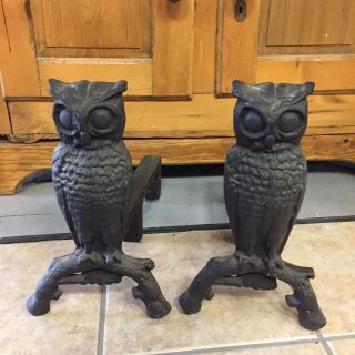Antique Cast Iron Owl Andirons Firedogs Hoot Vintage Fireplace Halloween