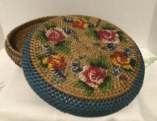 Vintage Handpainted Handwoven Basket With Lid
