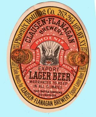 Clausen - Flanagan Lager Beer Bottle Label N.  Y.  2