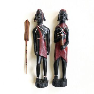 Hand Carved Wood African Figurines Tribal Man Woman Folk Art 12” Zulu Tribe Bead
