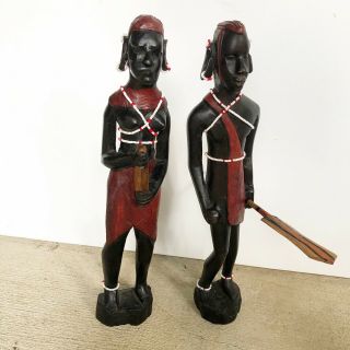 Hand Carved Wood African Figurines Tribal Man Woman Folk Art 12” Zulu Tribe Bead 2
