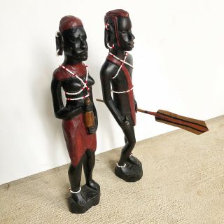 Hand Carved Wood African Figurines Tribal Man Woman Folk Art 12” Zulu Tribe Bead 3