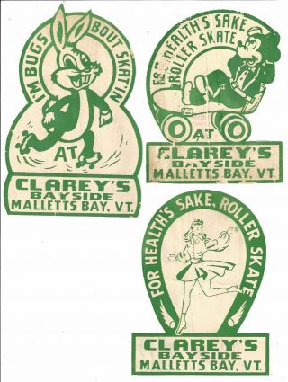 (3) Vintage 1950 Roller Skating Rink Decals Labels - Malletts Bay,  Vermont