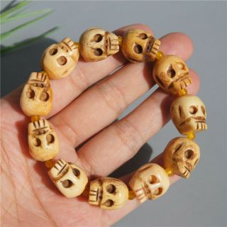 Tibetan Old Material Yak Bone Skeleton Head Buddha Beads Bracelet Elastic Rope