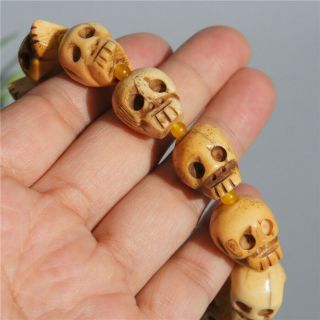 Tibetan Old Material Yak Bone Skeleton Head Buddha Beads Bracelet Elastic Rope 3