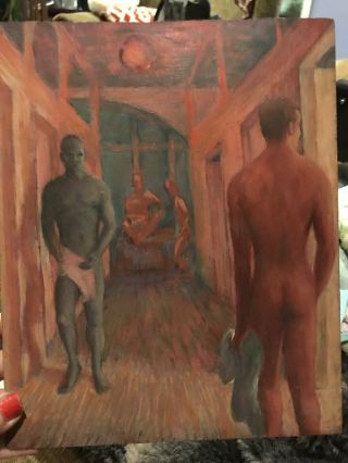 4 Male Nude Figures 8x10 Oil On Upson Board Sauna Bathhouse Gay Interest Vintage