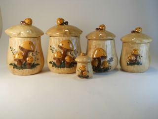 Set Of 5 Retro Ceramic Vintage Mushroom Canisters With Lids One Is Marked Arnels