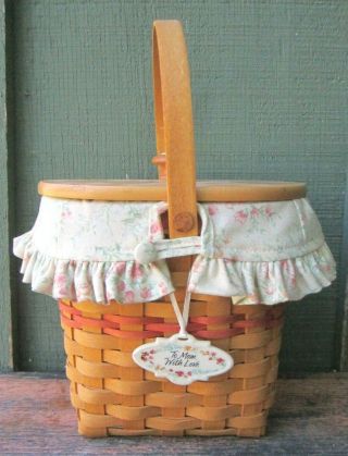 Longaberger Basket Vintage Blossoms W Liner Protector Tie - On Wood Lid 6.  5x7.  5 "