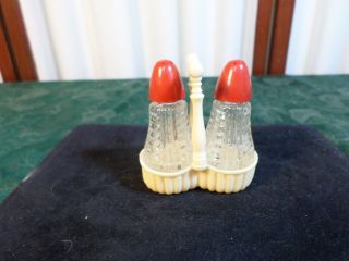 Vintage Miniature Glass Salt & Pepper Shakers W/red Caps & Basket Holder