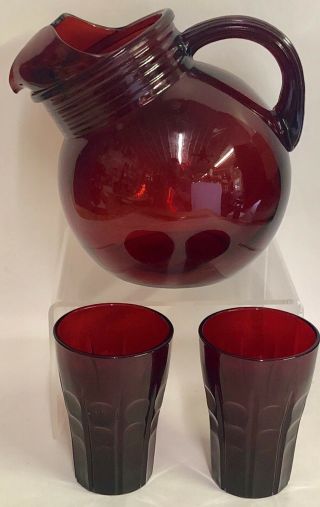 Vintage Ruby Red Lemonade Set Water Pitcher & 2 Cordial Glasses Depression Glass
