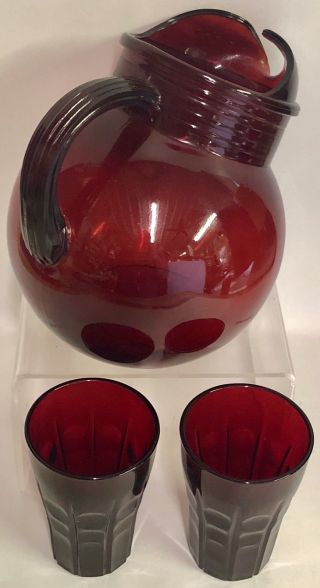 Vintage Ruby Red Lemonade Set Water Pitcher & 2 Cordial Glasses Depression Glass 2