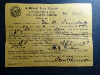 Vintage Texas Artificial Lure License Resident Angler Fishing 1940