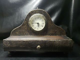 Vintage Wood Case Mantle Quartz Clock W/drawer Metal Accents Antique Style Decor