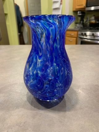 Vtg Murano Clear Cased Cobalt Blue Turquoise Swirl Splatter Spot Art Glass Vase
