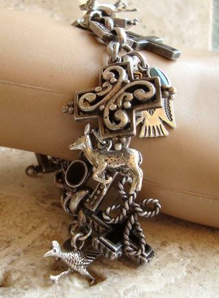 Vintage Southwest Sterling Silver Onyx Charm Bracelet Animals Crosses 67 Grams