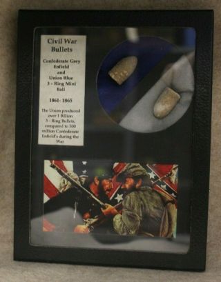 Authentic Civil War Bullets Union And Confederate In Frame W/ Info Card