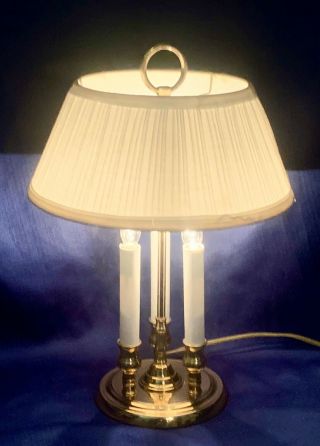 Vintage 18” Brass 3 Light French Bouillotte Table Lamp W/beige Fabric Shade