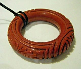 Vintage Chinese Carved Red Cinnabar 2.  5 " Donut Disc Pendant On Leather Strap