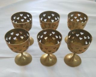6 X Small Brass Goblets Tealight Candle Burners With Heart Cutouts