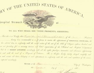 Civil War 1862 U.  S.  Army Hospital Steward Commission Signed Gen Lorenzo Thomas