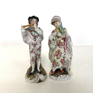 Miniature Dresden Figurine Of Man Playing Flout & Woman 4.  25 "