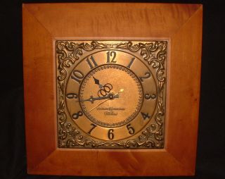 Vintage General Electric Telechron Braass & Wood 13 1/2 " Square Wall Clock