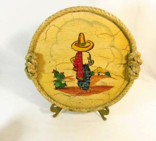 Vintage Hand Painted Crackle Wood Tray Rope Handles Mexican Folk Art 1950 