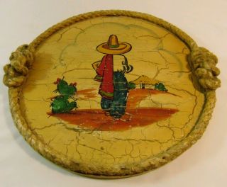Vintage Hand Painted Crackle Wood Tray Rope Handles Mexican Folk Art 1950 ' s 2