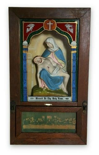 Vtg Antique Catholic Altar Last Rites Sick Call Box Chalkware Pieta Religious