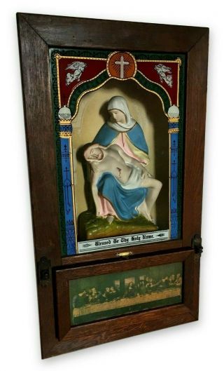 VTG Antique Catholic Altar Last Rites Sick Call Box Chalkware Pieta Religious 2