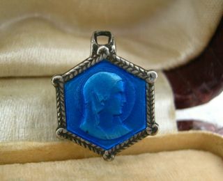 Antique French Silver & Blue Enamel Medal Pendant Charm Of Our Lady Of Lourdes