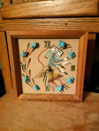 Navajo Sand Art Clock Native American Kokopelli W/ Turquoise Stones