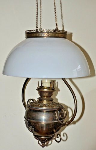Antique Victorian Hanging Oil Library Kerosene (electrified) Ceiling Lamp Light