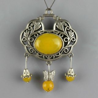 Collect China Old Miao Silver Inlay Amber Hand - Carved Flower & Butterfly Pendant