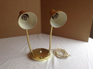 14 1/2 " Gold Double Goose Neck Desk Lamp " Vintage "