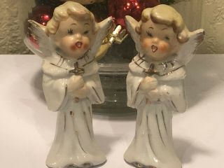Vintage Ceramic Choir Singing Angels Holding Cross Figurines - Japan