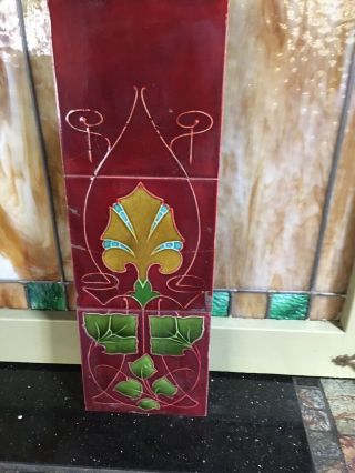Antique English Art Nouveau Deep Red & Green 3 Tile Panel